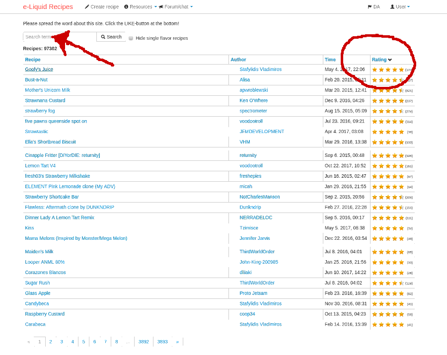 screenshot of the e liquid recipes homepage