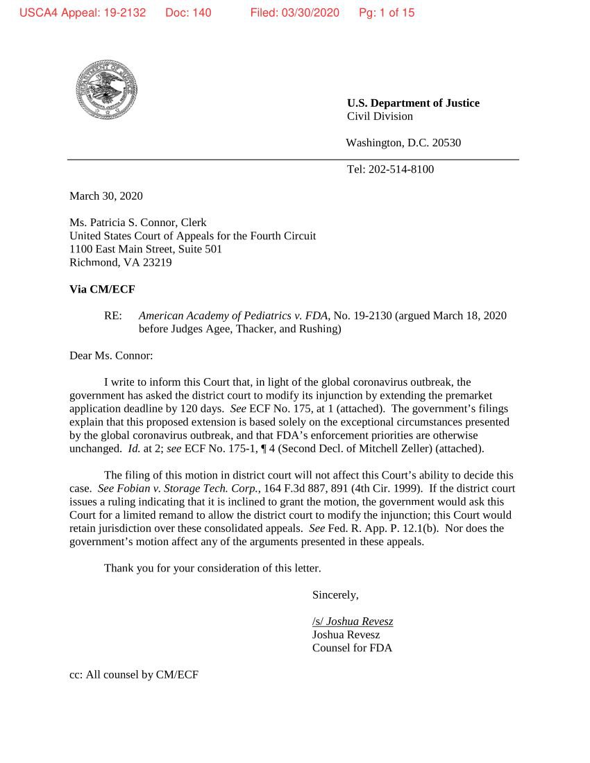 FDA Letter seeking delay of PMTA deadline by 120 days