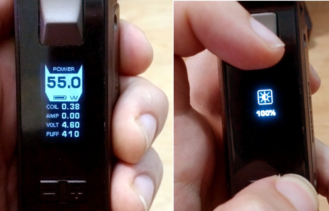 Geekvape Aegis display layout side by side with brightness adjustment