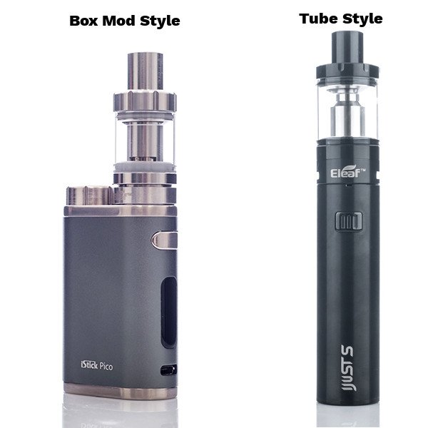 a box mod style sub-ohm kit next to a tube style sub-ohm kit