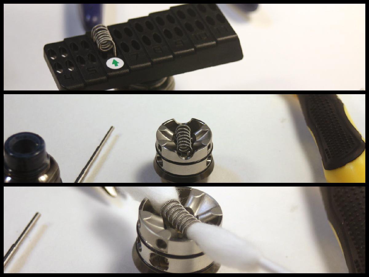 3 image collage showing how to build the single coil wotofo elder dragon rda