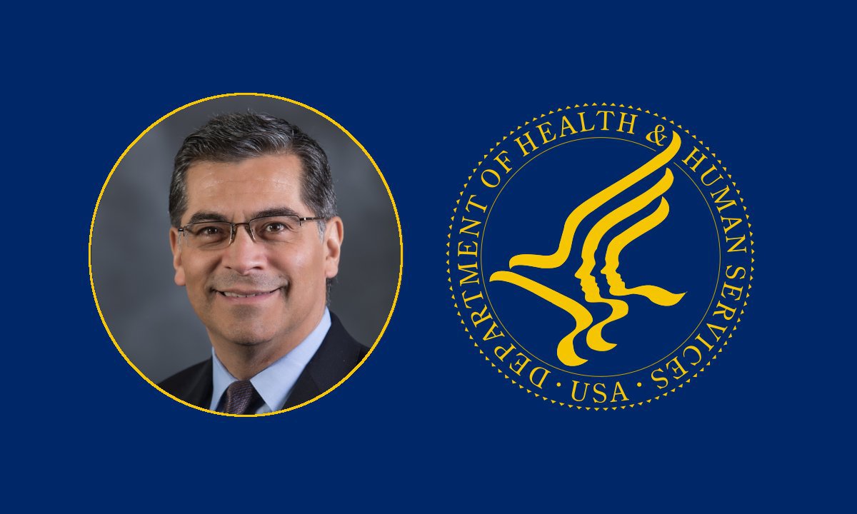 Portrait of Xavier Becerra and Logo for Health and Human Services Department