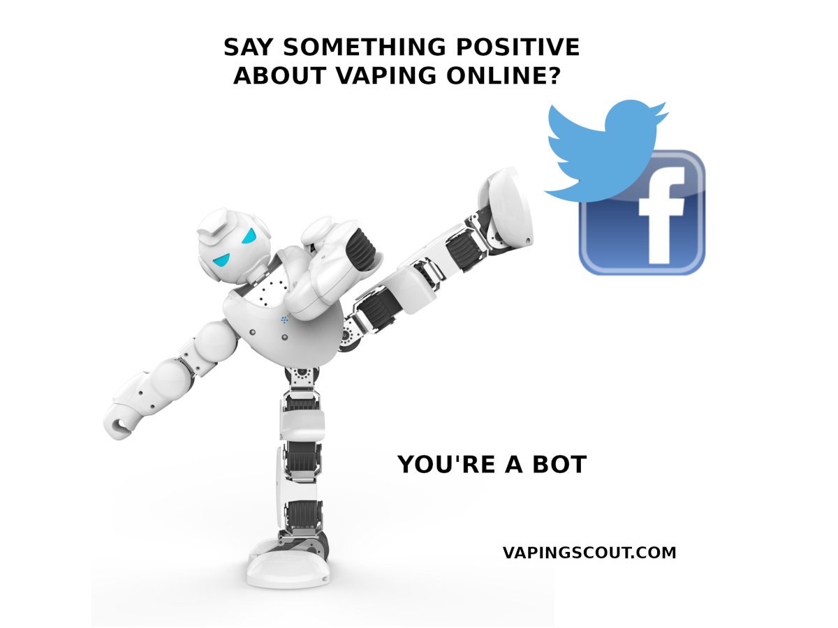robot kicking social media icons - scientists think you may be a bot if you like vaping on social media